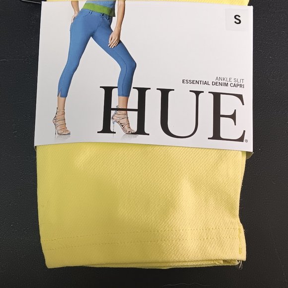HUE Zest Yellow Essential Denim Capri Leggings Sz Small U18756 Ankle Slit - Picture 4 of 4